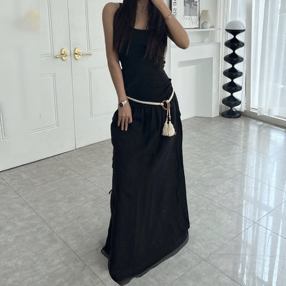 Linen Texture Tie-Waist Maxi Skirt – Women One Size