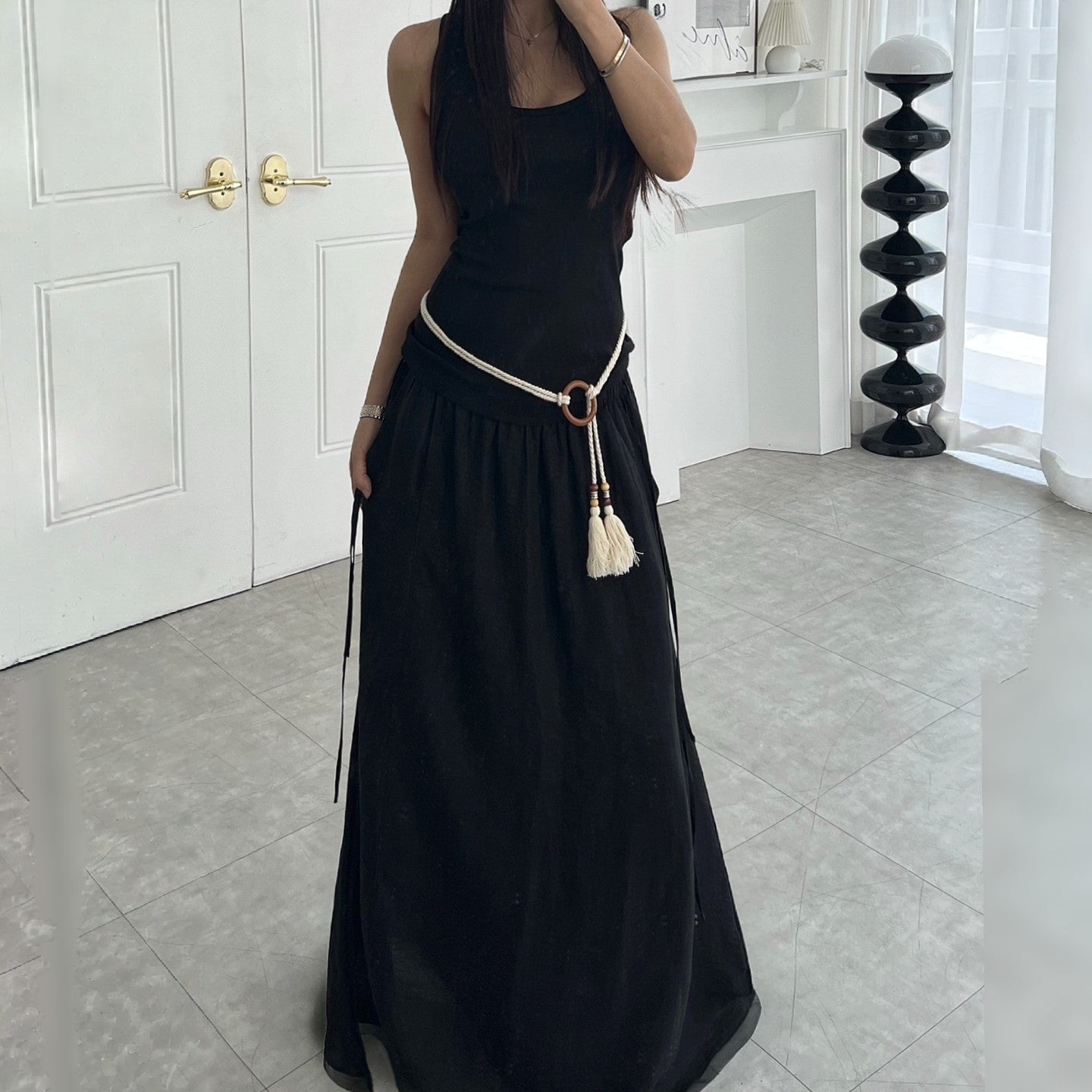 Linen Texture Tie-Waist Maxi Skirt – Women One Size