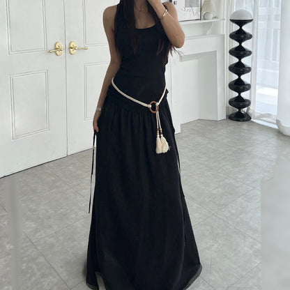 Linen Texture Tie-Waist Maxi Skirt – Women One Size