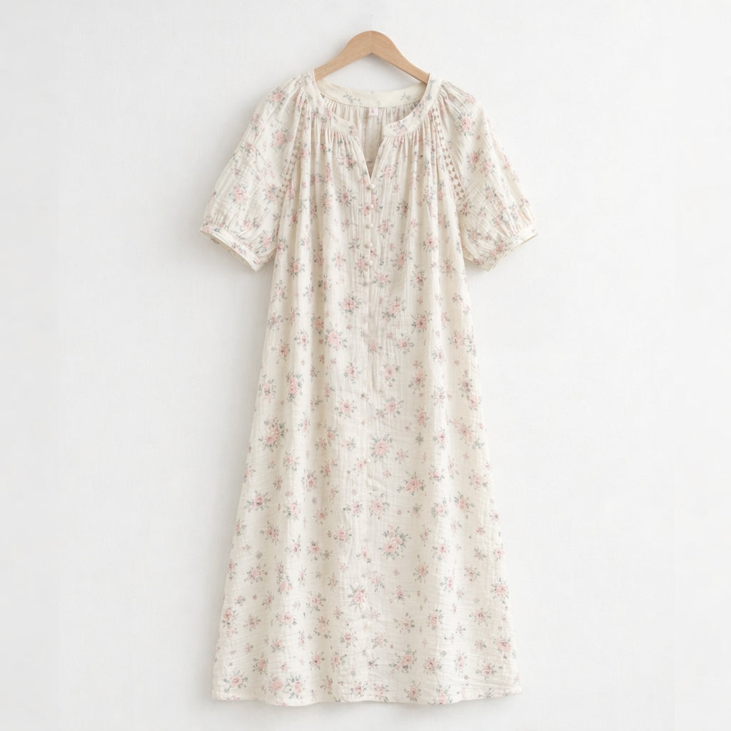 Rose Garden Gauze Cotton Nightdress – Pearl Button & Lace Detail
