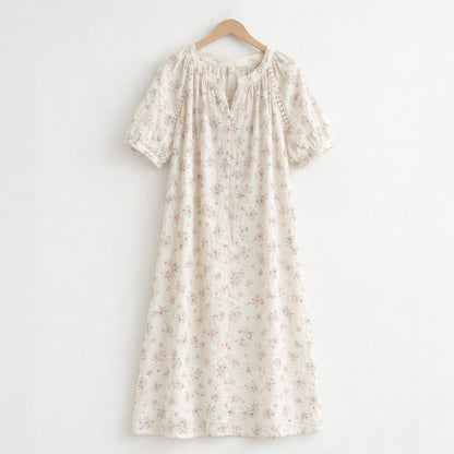 Rose Garden Gauze Cotton Nightdress – Pearl Button & Lace Detail