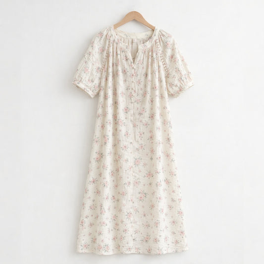 Rose Garden Gauze Cotton Nightdress – Pearl Button & Lace Detail