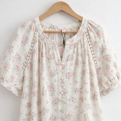 Rose Garden Gauze Cotton Nightdress – Pearl Button & Lace Detail