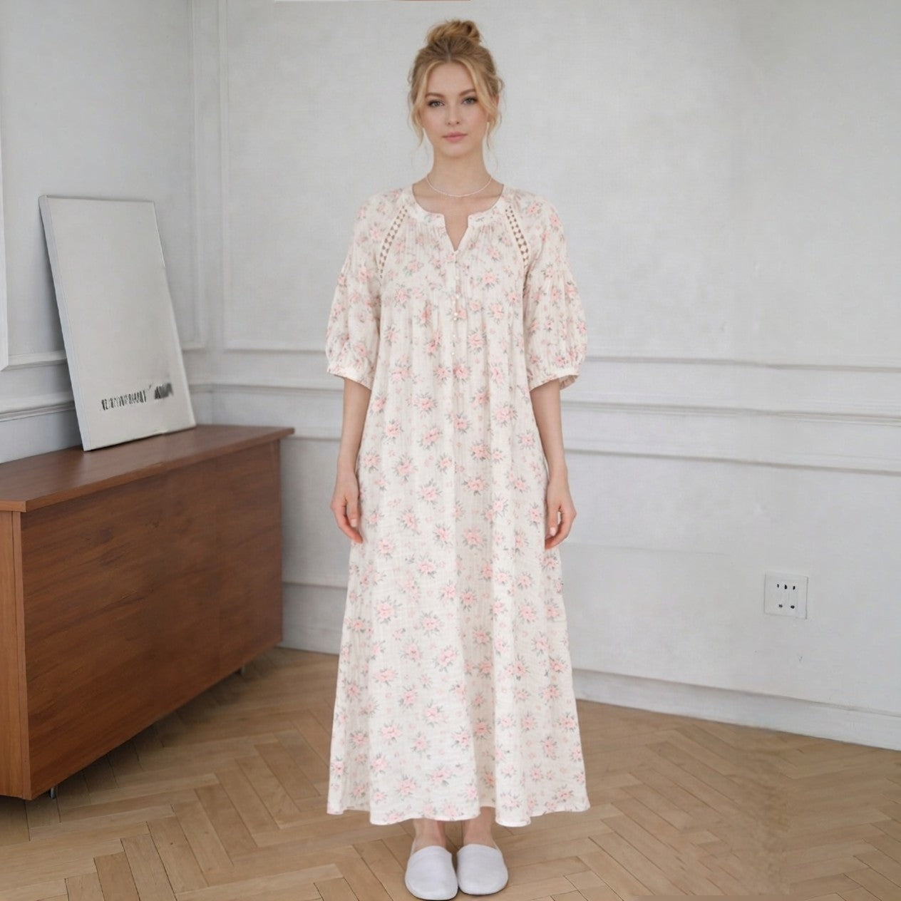 Rose Garden Gauze Cotton Nightdress – Pearl Button & Lace Detail