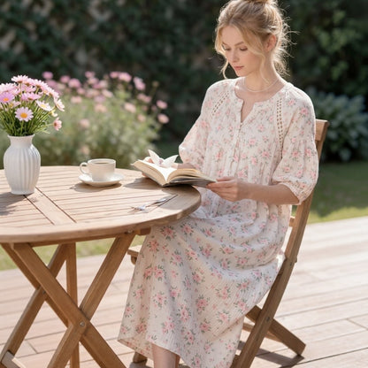 Rose Garden Gauze Cotton Nightdress – Pearl Button & Lace Detail