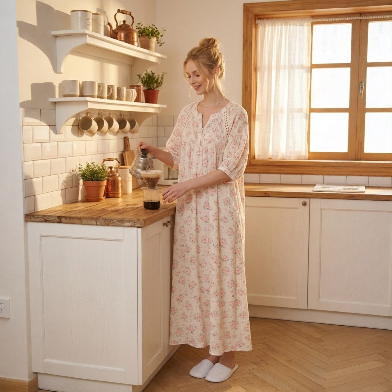 Rose Garden Gauze Cotton Nightdress – Pearl Button & Lace Detail
