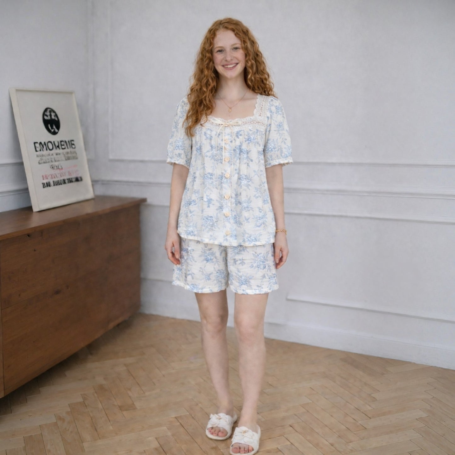 Blueberry Floral Gauze Cotton Pajama Set – Lace Trim Blouse & Shorts