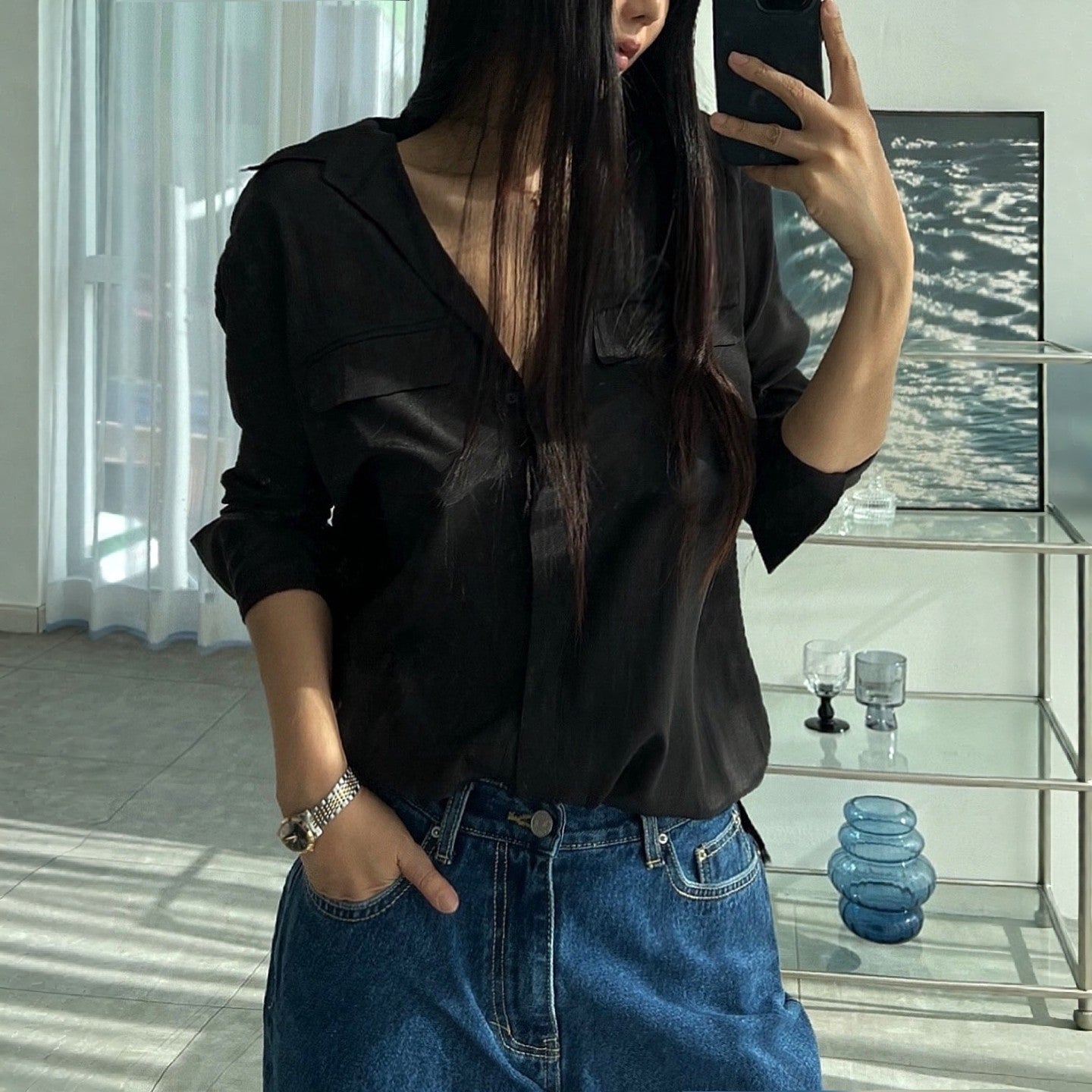 Lip Shape Pocket Soft Flow Blouse – Women One Size