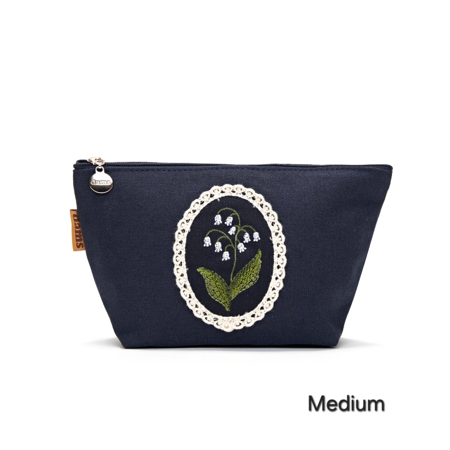 Lily Embroidery Pouch – Linen Blend Zipper Bag (Medium & Large) Made in Korea