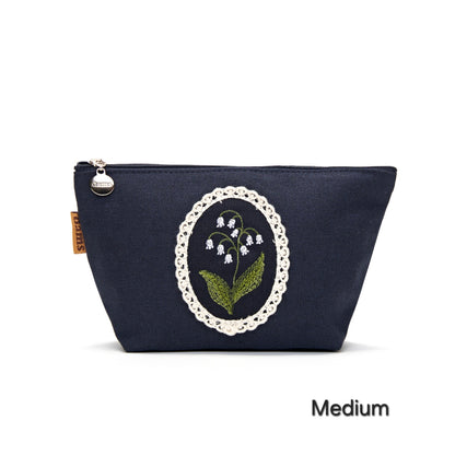 Lily Embroidery Pouch – Linen Blend Zipper Bag (Medium & Large) Made in Korea