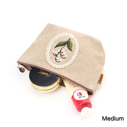 Lily Embroidery Pouch – Linen Blend Zipper Bag (Medium & Large) Made in Korea