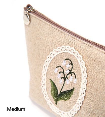 Lily Embroidery Pouch – Linen Blend Zipper Bag (Medium & Large) Made in Korea