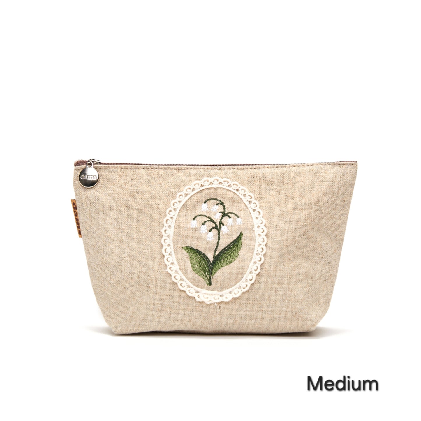 Lily Embroidery Pouch – Linen Blend Zipper Bag (Medium & Large) Made in Korea