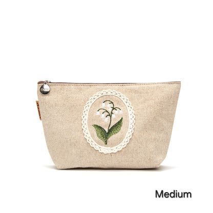 Lily Embroidery Pouch – Linen Blend Zipper Bag (Medium & Large) Made in Korea