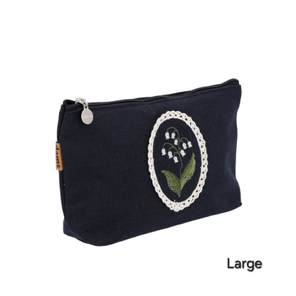 Lily Embroidery Pouch – Linen Blend Zipper Bag (Medium & Large) Made in Korea