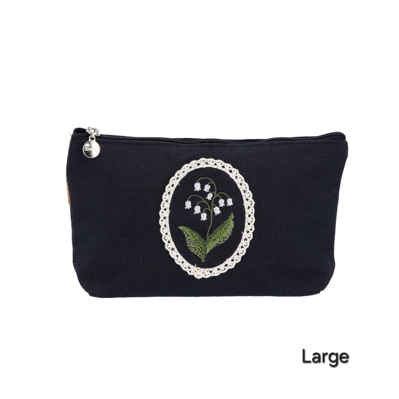 Lily Embroidery Pouch – Linen Blend Zipper Bag (Medium & Large) Made in Korea