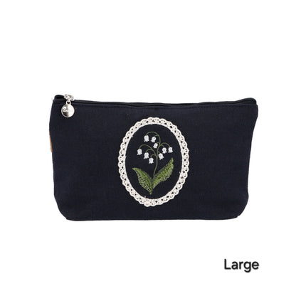 Lily Embroidery Pouch – Linen Blend Zipper Bag (Medium & Large) Made in Korea