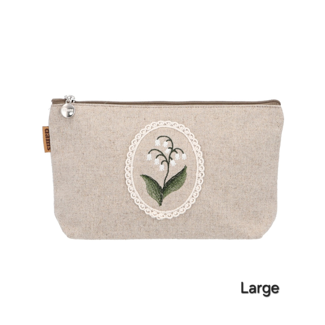 Lily Embroidery Pouch – Linen Blend Zipper Bag (Medium & Large) Made in Korea