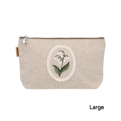 Lily Embroidery Pouch – Linen Blend Zipper Bag (Medium & Large) Made in Korea