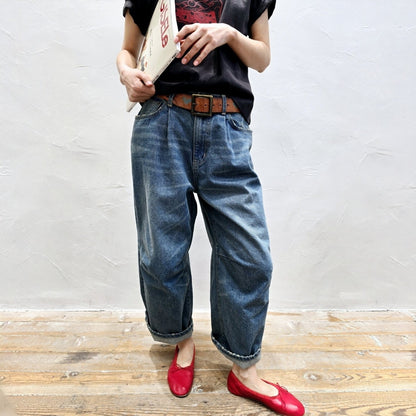 Pleated Barrel Fit Vintage Denim Pants
