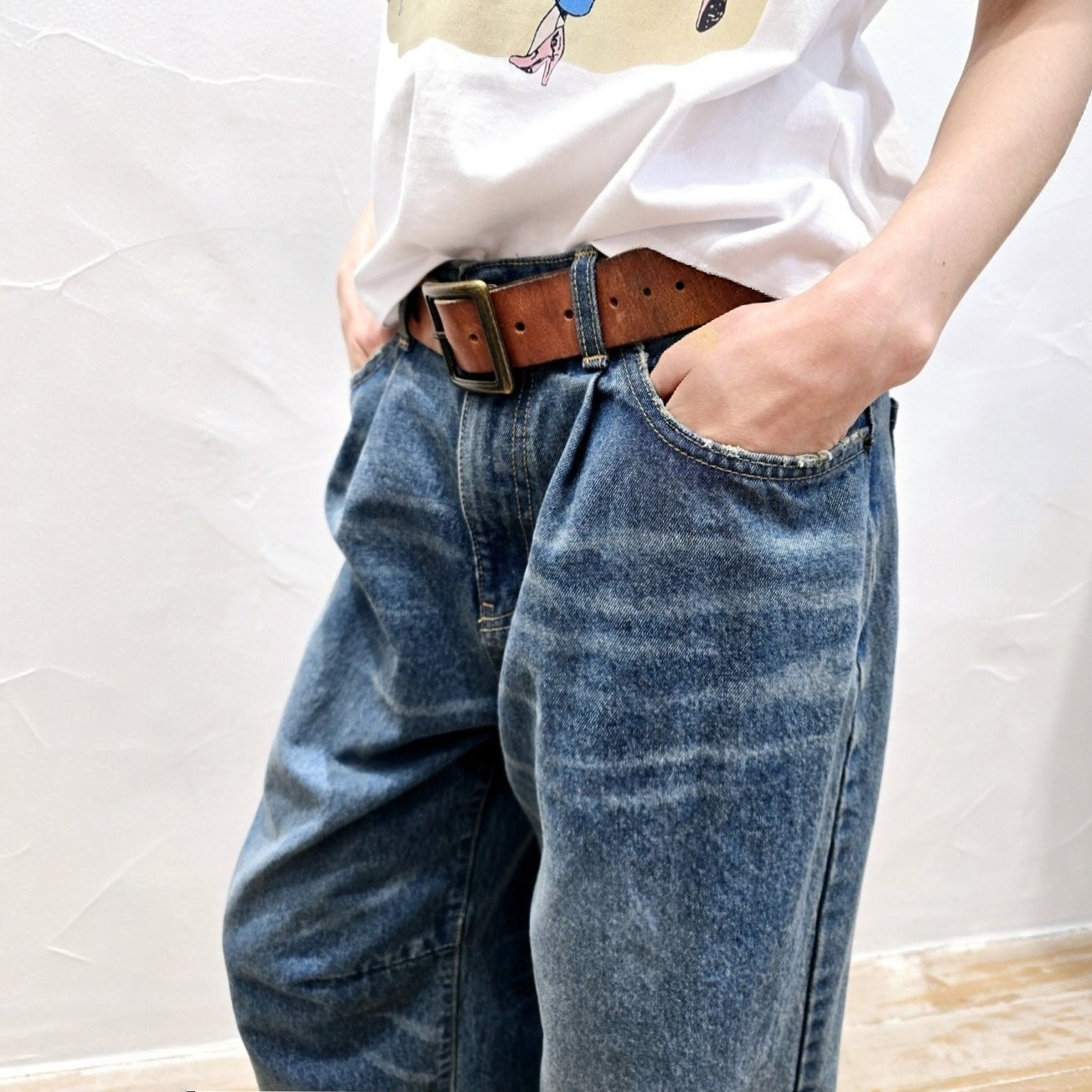 Pleated Barrel Fit Vintage Denim Pants
