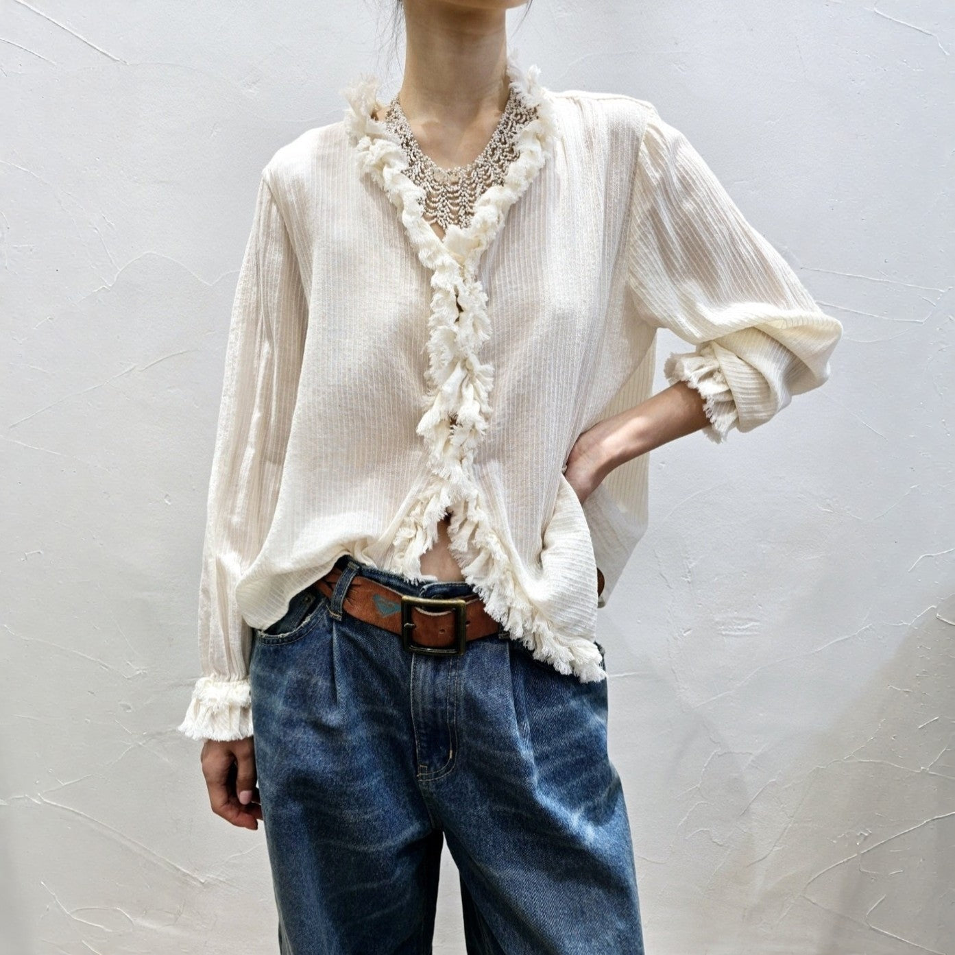 Pleated Barrel Fit Vintage Denim Pants