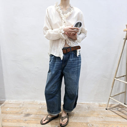 Pleated Barrel Fit Vintage Denim Pants