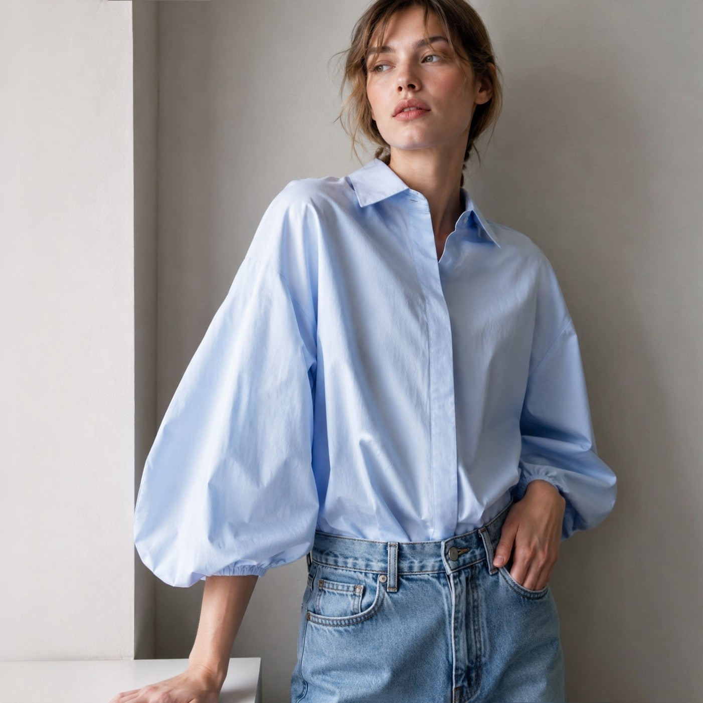 Sculpted Volume Sleeve Cotton Blouse – Women One Size
