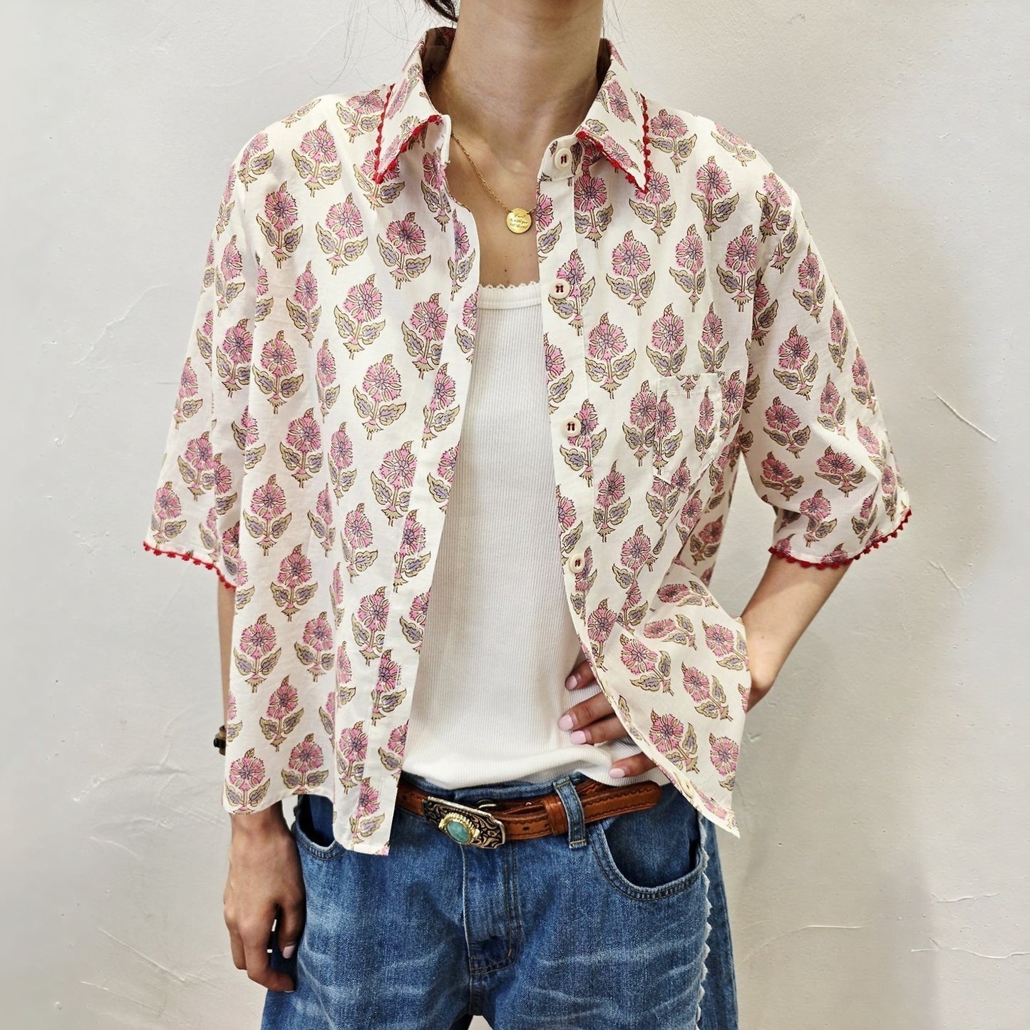 Boho Block Print Cotton Shirt - Women One Size
