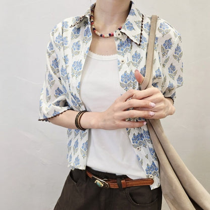 Boho Block Print Cotton Shirt - Women One Size