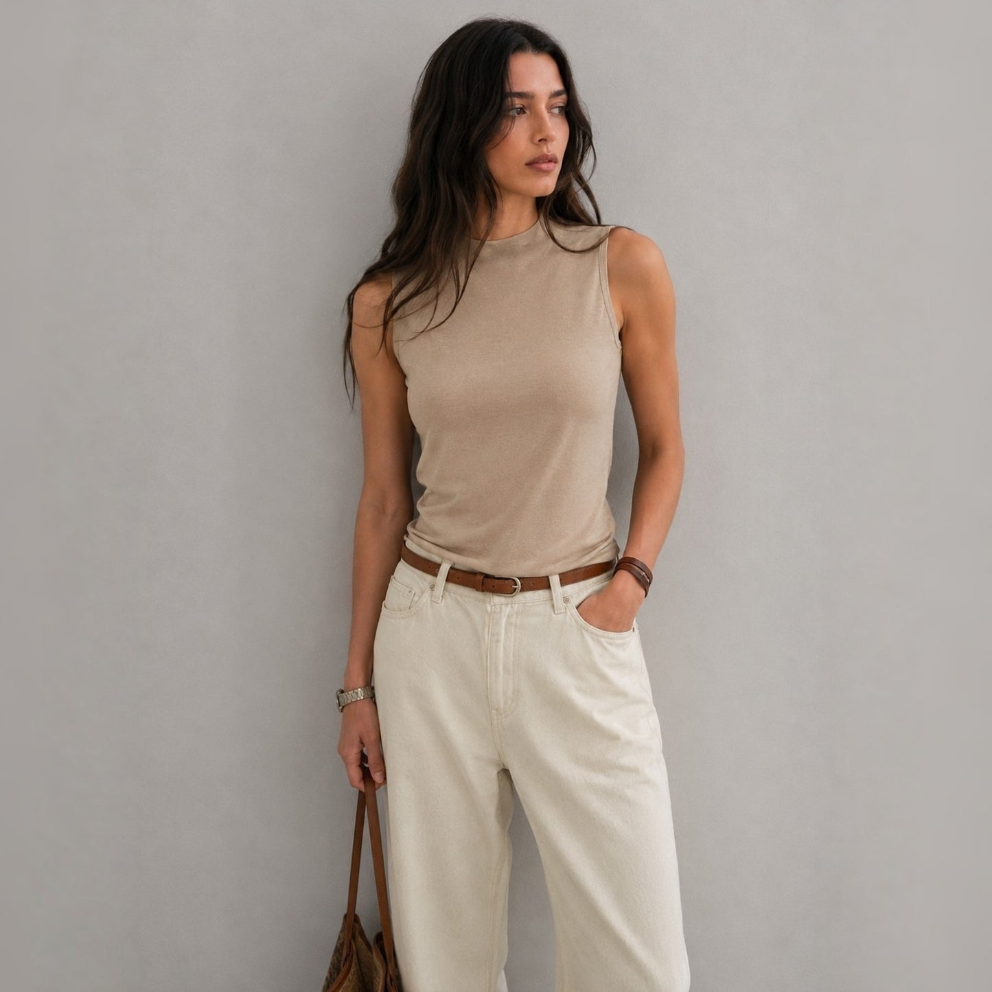 Soft Mock Neck Sleeveless Stretch Knit Tank Top – Women One Size