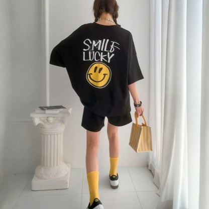 Smile Lucky Cotton Matching Setwear - Oversized Graphic Tee & Shorts - Women One Size