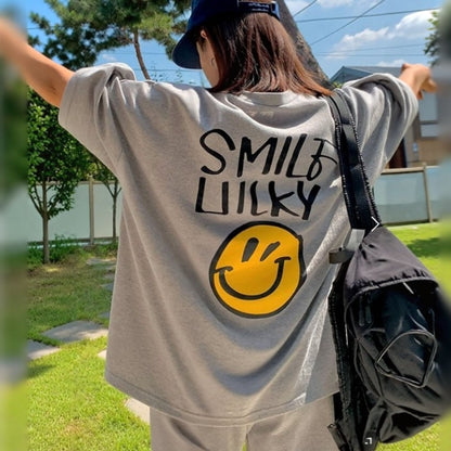 Smile Lucky Cotton Matching Setwear - Oversized Graphic Tee & Shorts - Women One Size