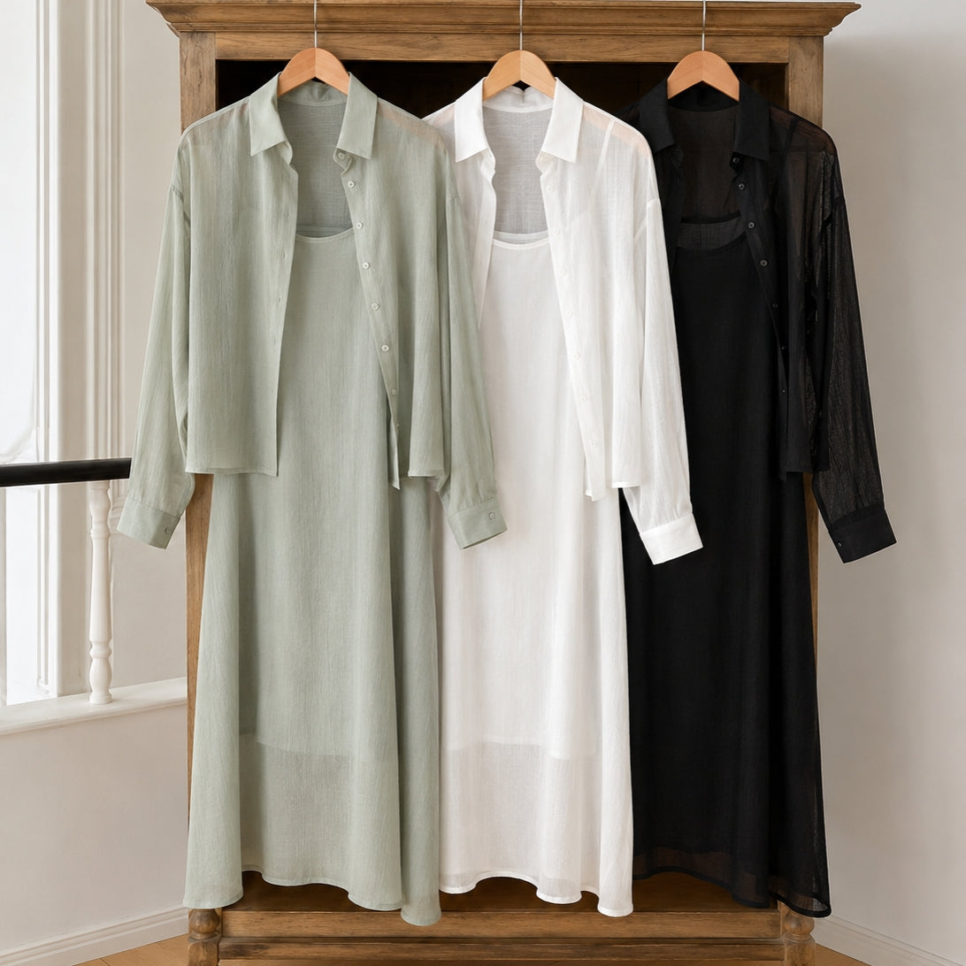 Sheer Shirt & Slip Maxi Dress Setwear – Women One Size