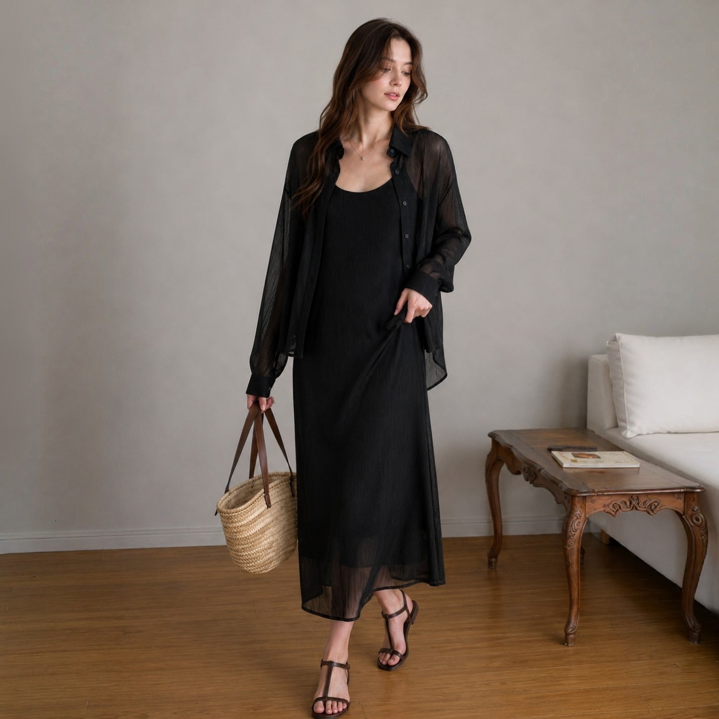 Sheer Shirt & Slip Maxi Dress Setwear – Women One Size