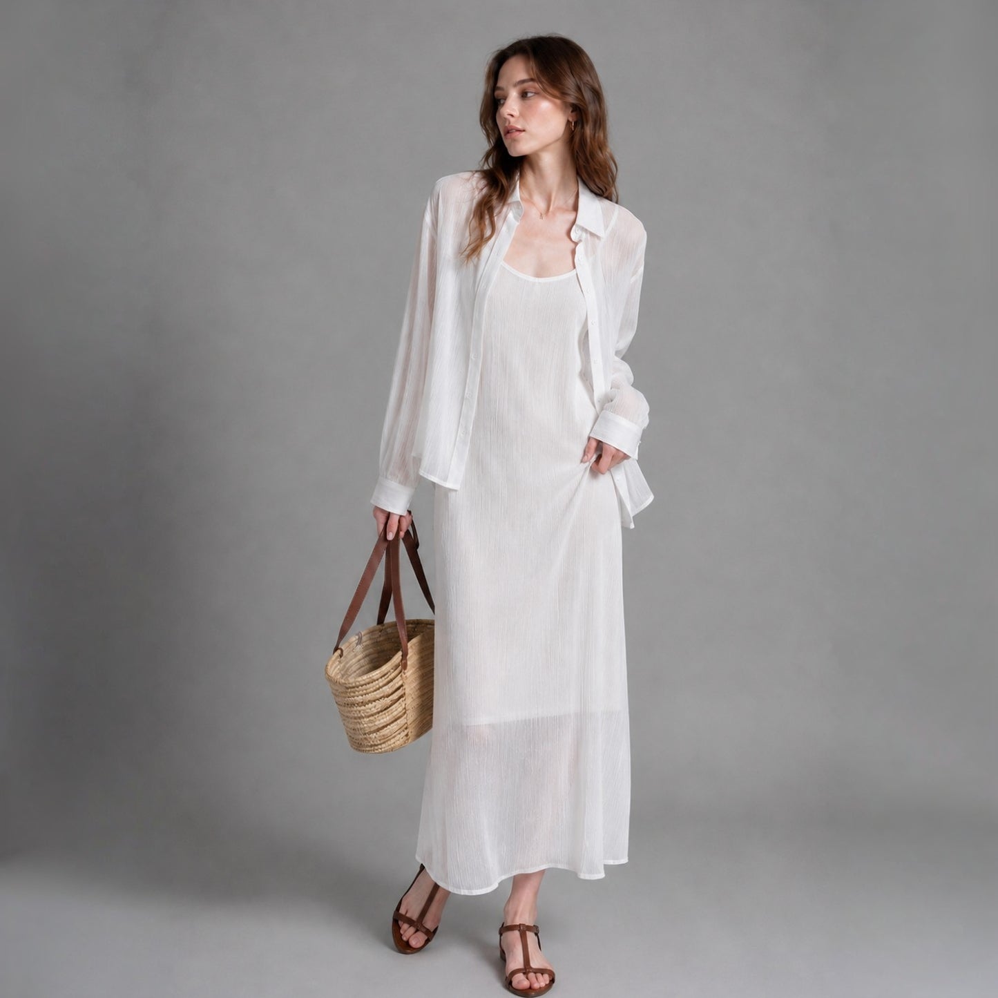 Sheer Shirt & Slip Maxi Dress Setwear – Women One Size
