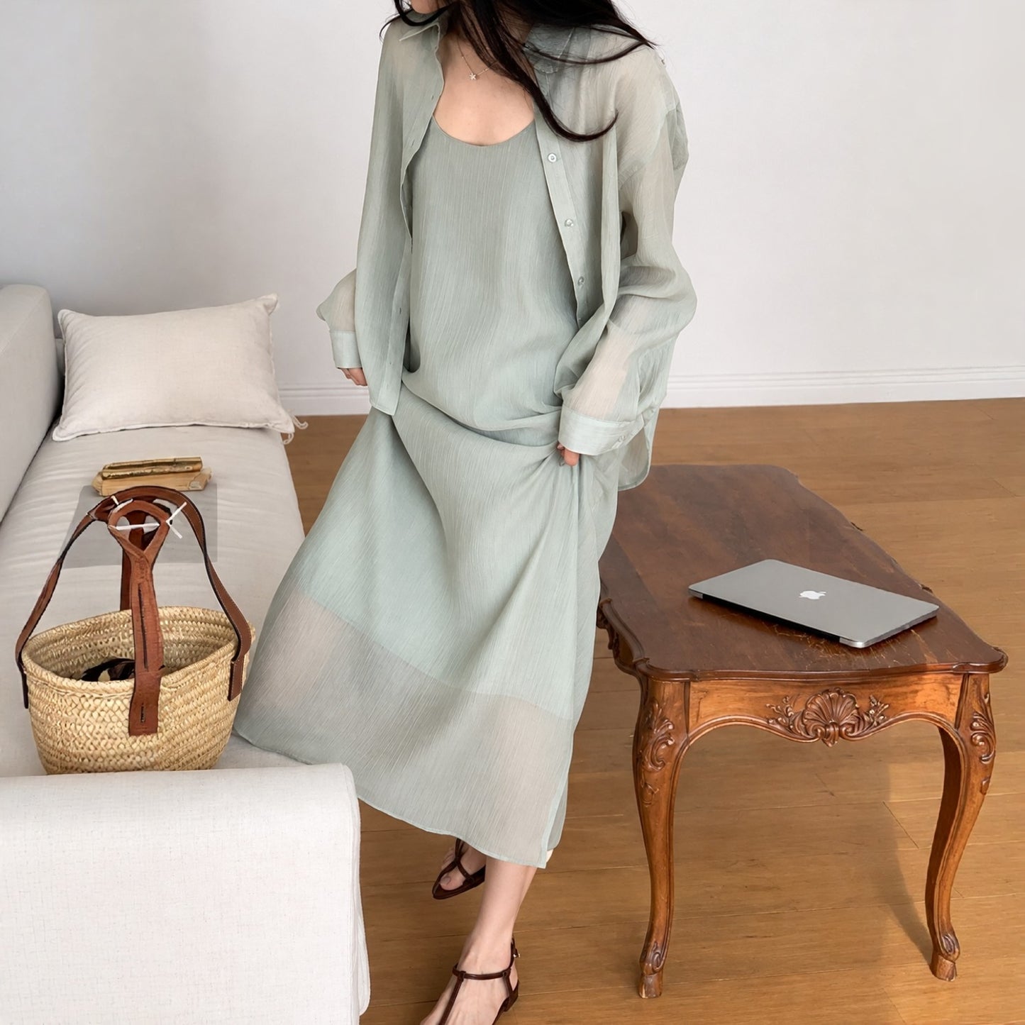 Sheer Shirt & Slip Maxi Dress Setwear – Women One Size