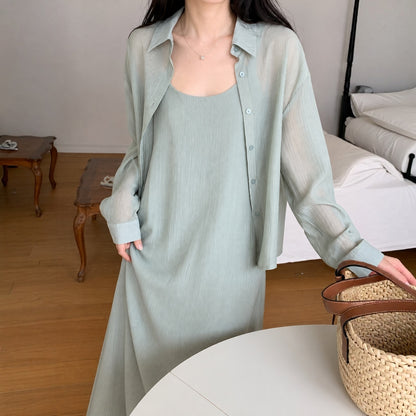 Sheer Shirt & Slip Maxi Dress Setwear – Women One Size