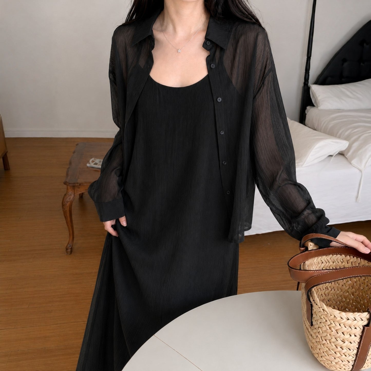 Sheer Shirt & Slip Maxi Dress Setwear – Women One Size