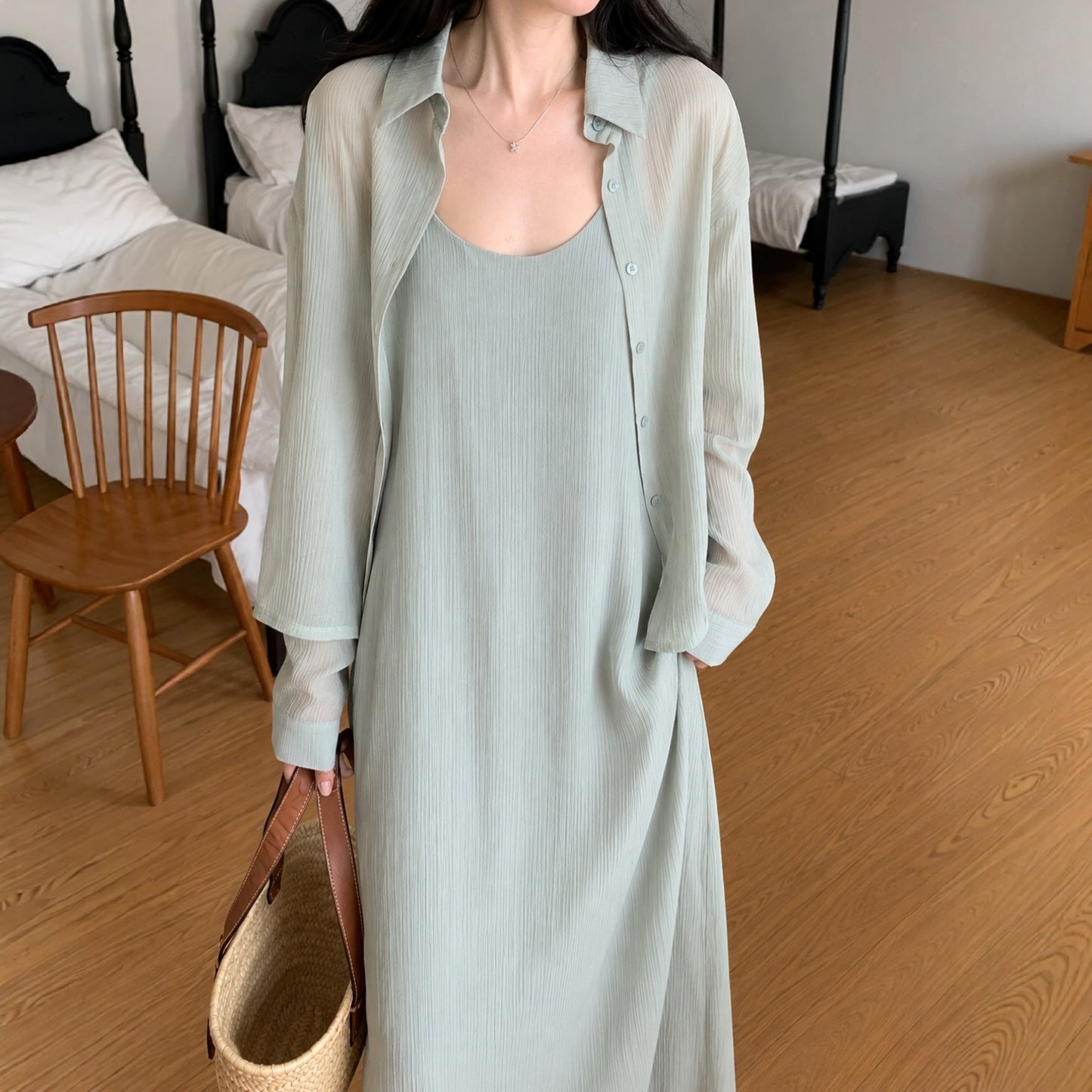 Sheer Shirt & Slip Maxi Dress Setwear – Women One Size