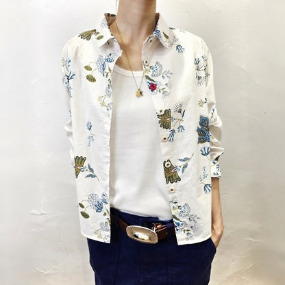 Vintage Botanical Print Elbow Patch Shirt – Women One Size