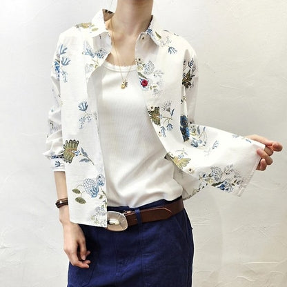 Vintage Botanical Print Elbow Patch Shirt – Women One Size