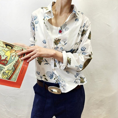 Vintage Botanical Print Elbow Patch Shirt – Women One Size