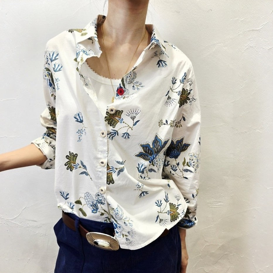 Vintage Botanical Print Elbow Patch Shirt – Women One Size
