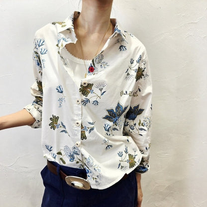 Vintage Botanical Print Elbow Patch Shirt – Women One Size