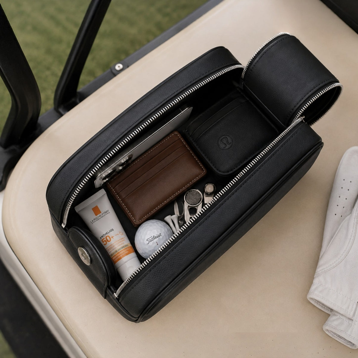 Double Zip Cowhide Leather Travel & Golf Clutch Bag