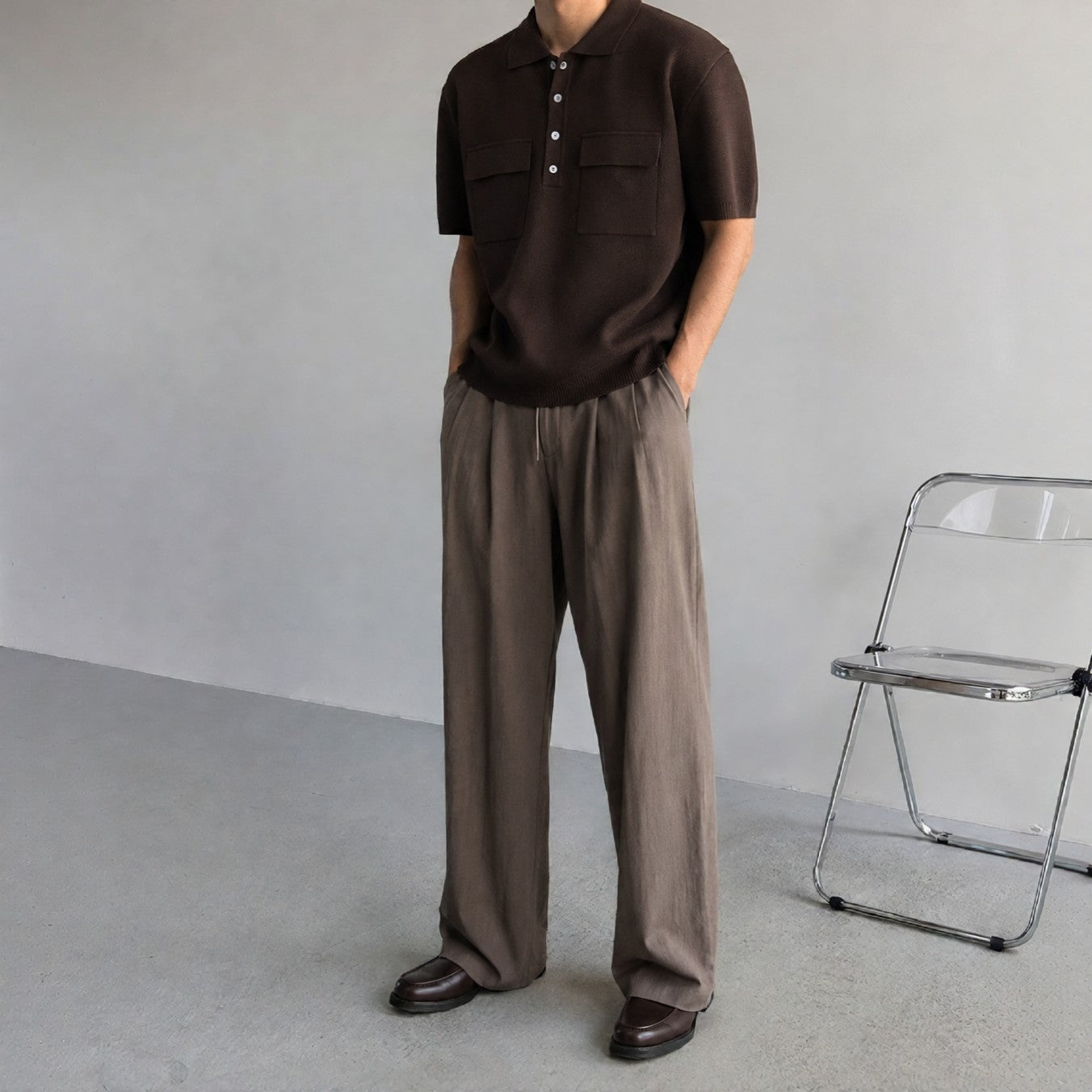 Double Flap Pocket Knit Polo - Men One Size