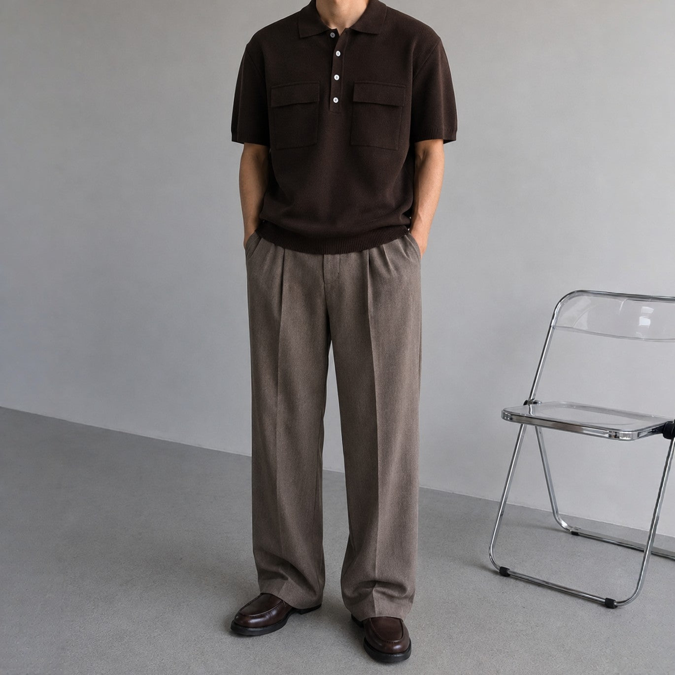 Double Flap Pocket Knit Polo - Men One Size