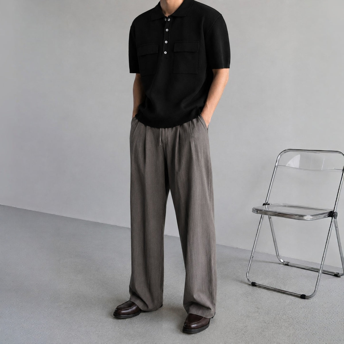 Double Flap Pocket Knit Polo - Men One Size