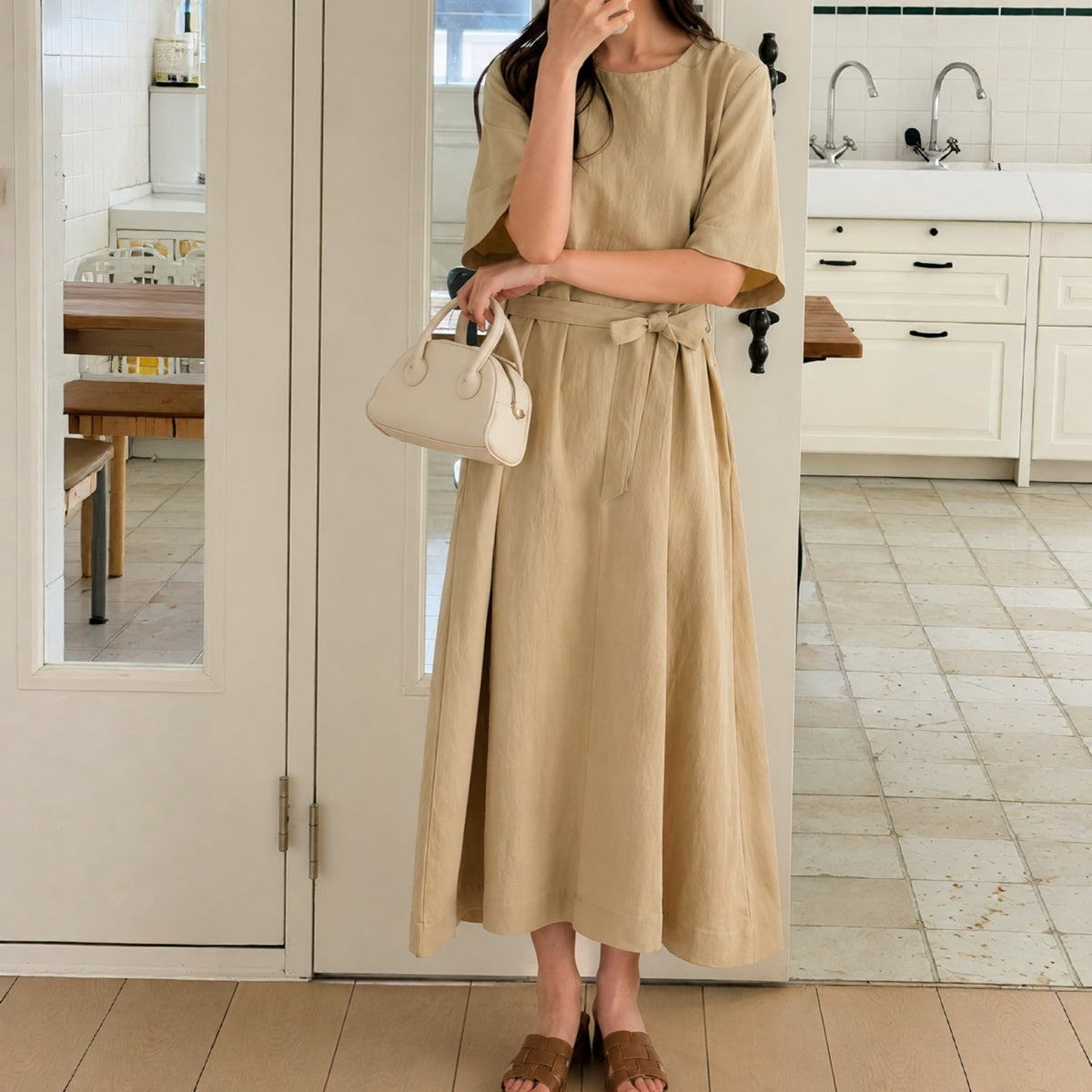ELORA Structured Belted Midi Dress - Women One Size